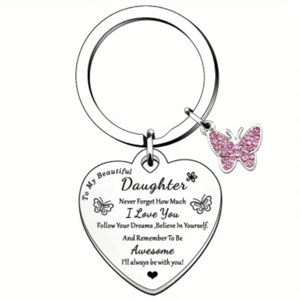NEW! Silver Heart-Shaped Sentimental Daughter Keychain W/Pink Butterfly Charm.
